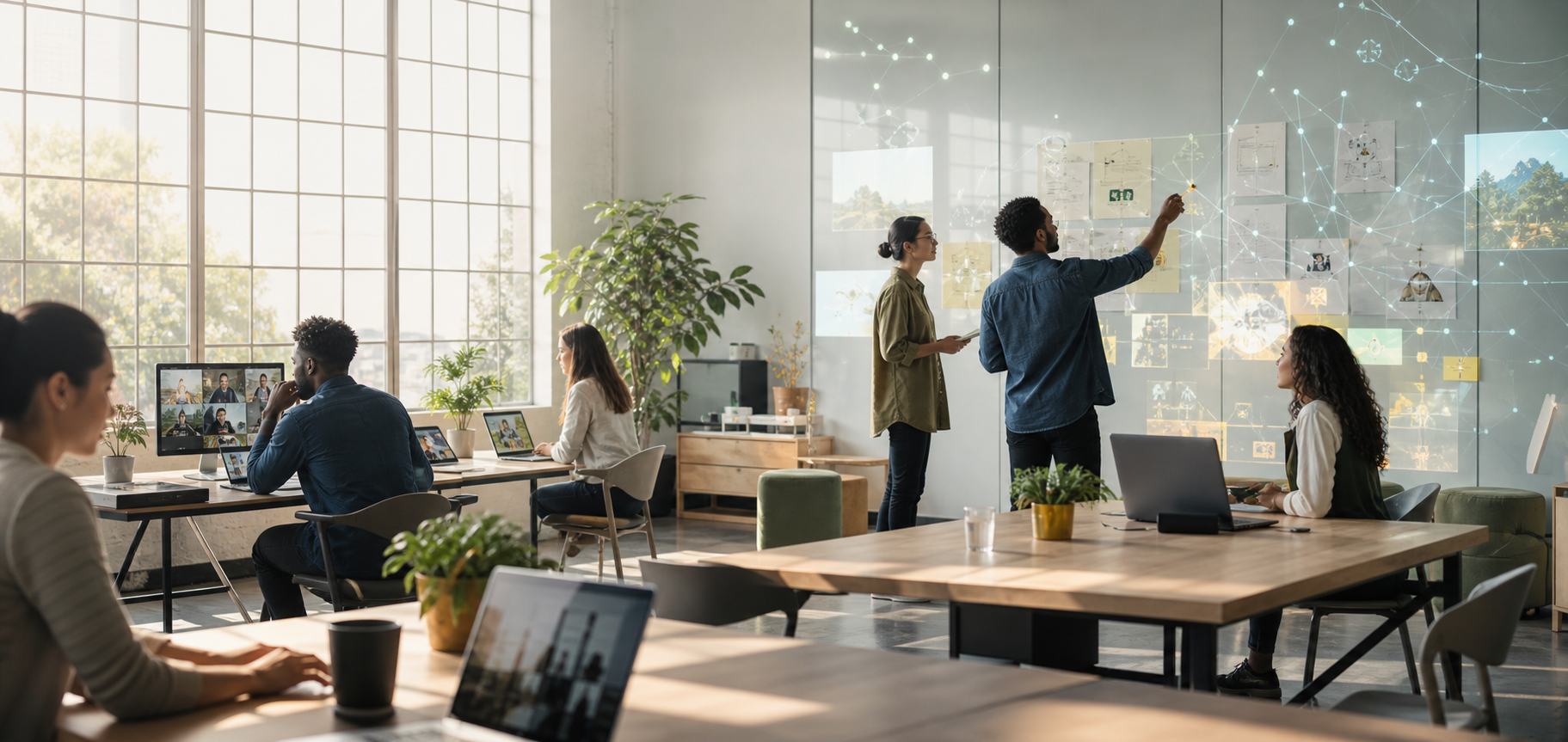 People collaborating in a bright technology workspace